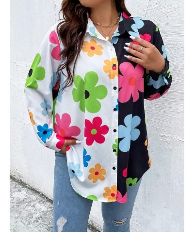 Women's Colorblock Button Up Shirt Collared Long Sleeve Blouse Top Multicolor Floral $11.50 Blouses