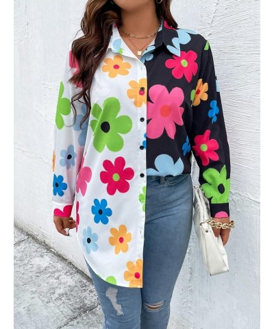 Women's Colorblock Button Up Shirt Collared Long Sleeve Blouse Top Multicolor Floral $11.50 Blouses