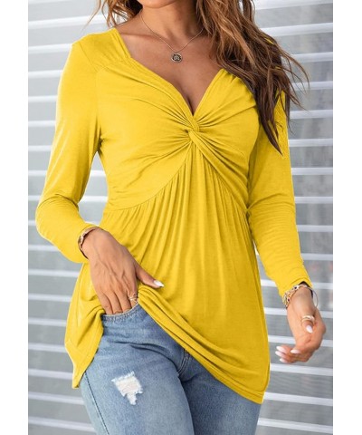 Women V-Neck Front Knotted Blouse Shirt Long Sleeve Elegant Casual T-Shirt Solid Color Pullover Tops B33-yellow $20.99 Tops