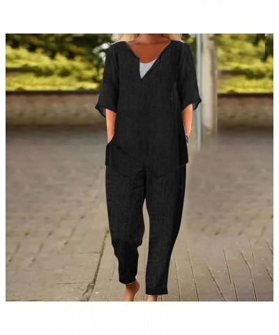 Women Linen Sets 2 Piece Outfits Summer Half Sleeve Irregular Hem Top Elastic Waist Loose Pants Lounge Matching Set Black $9....