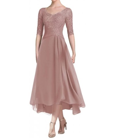 Tea Length Mother of The Bride Dresses with Sleeves Laces Appliques Ruched Chiffon Formal Evening Gowns Dusty Rose $35.25 Dre...