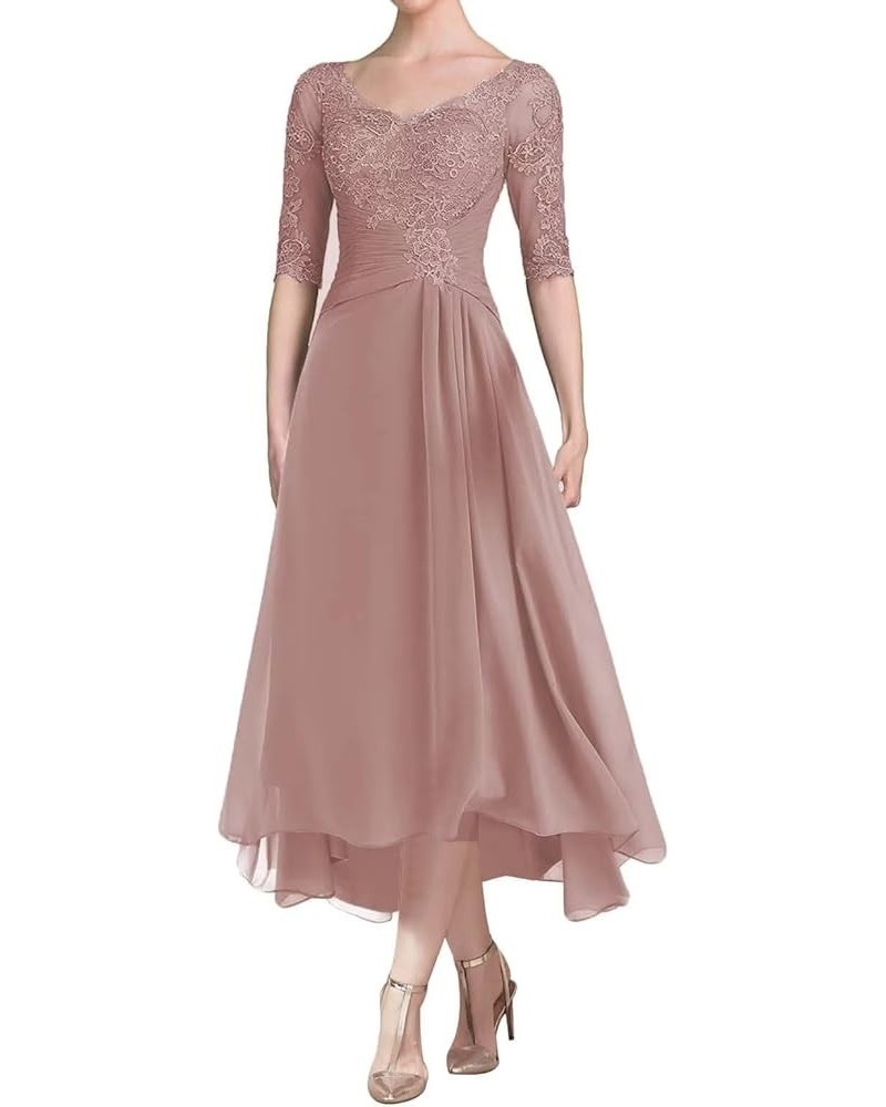 Tea Length Mother of The Bride Dresses with Sleeves Laces Appliques Ruched Chiffon Formal Evening Gowns Dusty Rose $35.25 Dre...