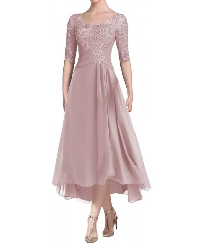 Tea Length Mother of The Bride Dresses with Sleeves Laces Appliques Ruched Chiffon Formal Evening Gowns Dusty Rose $35.25 Dre...