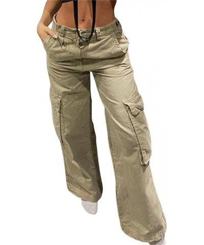 Women Y2K Baggy Cargo Pants Low Waist Straight Wide Leg Pants Vintage Ripped Jeans Streetwear G-big Pockets Khaki $9.66 Jeans