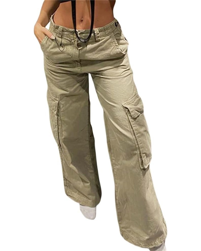 Women Y2K Baggy Cargo Pants Low Waist Straight Wide Leg Pants Vintage Ripped Jeans Streetwear G-big Pockets Khaki $9.66 Jeans